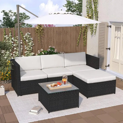 Salon de Jardin en Résine Tressée Gris – Canapé d’Angle 4 Places avec Table Basse et Coussins Déhoussables