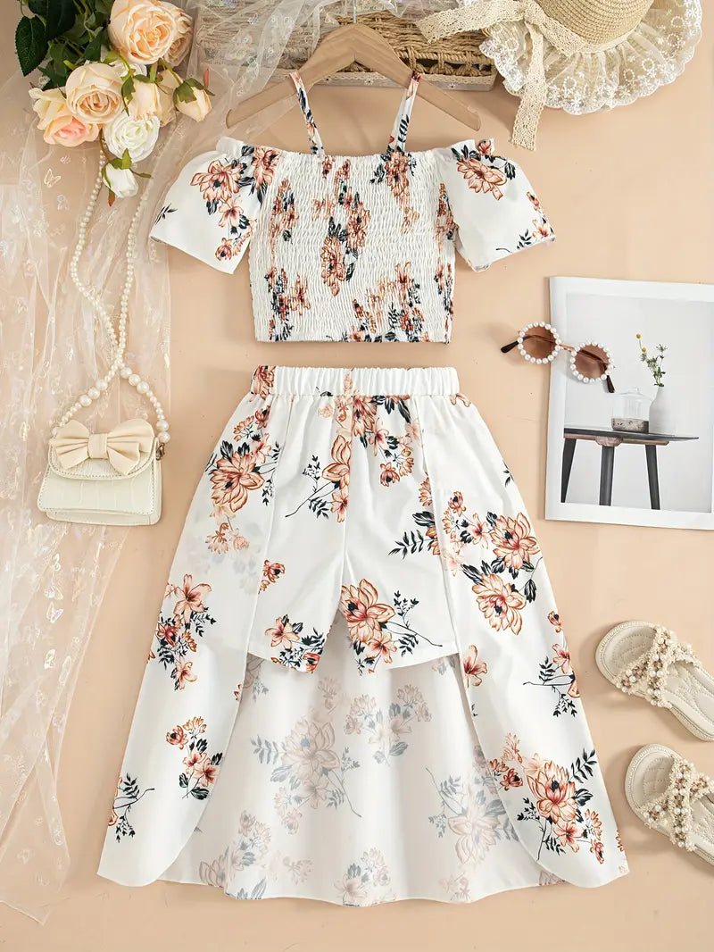 Hauts fille à fleurs – Top smocké rose avec jupe longue assortie élégante d’été