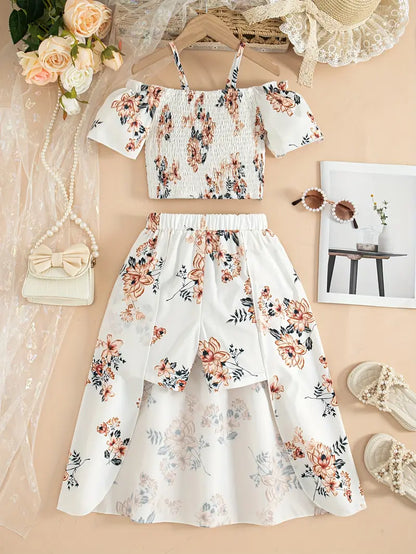 Hauts fille à fleurs – Top smocké rose avec jupe longue assortie élégante d’été