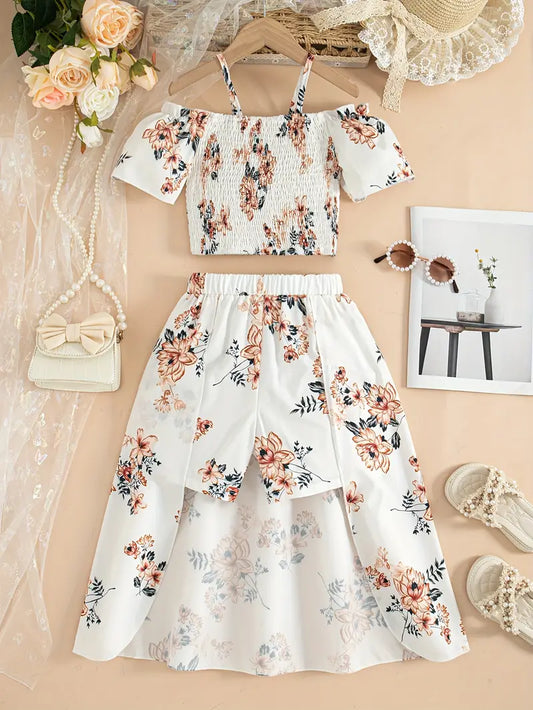 Hauts fille à fleurs – Top smocké rose avec jupe longue assortie élégante d’été