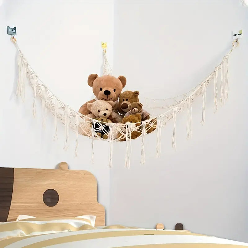 Filet de Rangement Suspendu en Macramé – Hammac de Rangement pour Peluches, Jouets et Accessoires Bébé