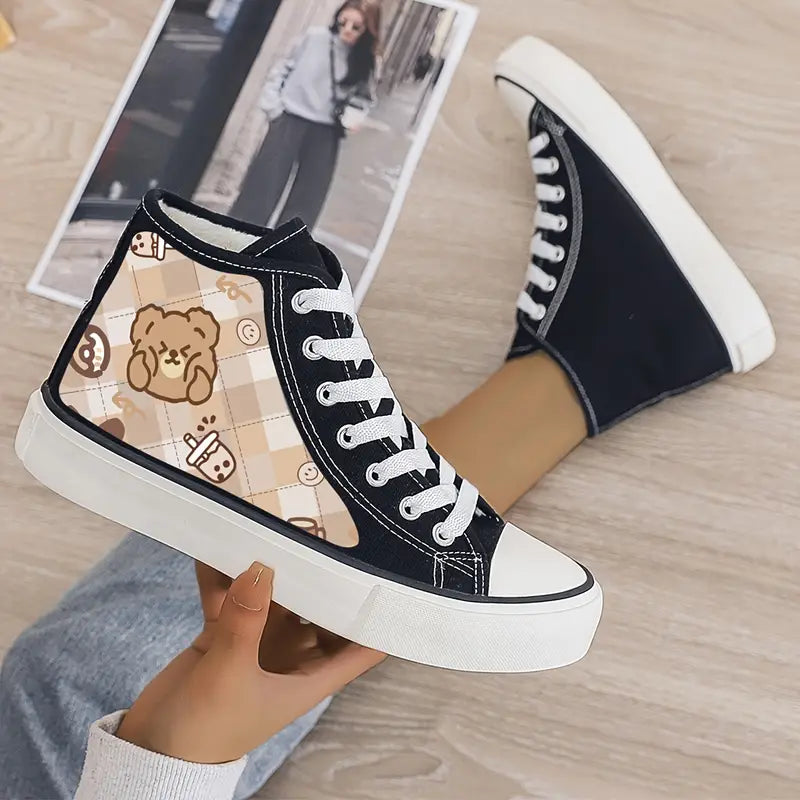 Chaussures de sport fille – Baskets montantes blanches avec motif ourson kawaii confortables et tendance