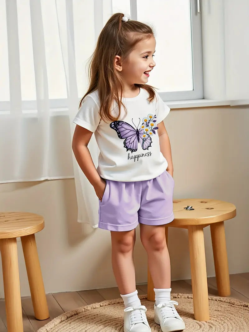 T-shirt Fille Papillon Imprimé – Haut Enfant Manches Courtes Confortable et Tendance Été