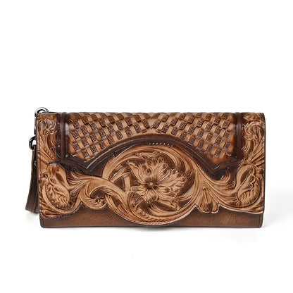 Portefeuille femme en cuir gravé – Design floral élégant et chic intemporel, coloris Café
