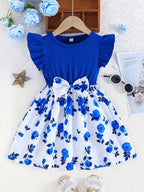 Robe fille été bleu et blanc à volants, coloris Bleu