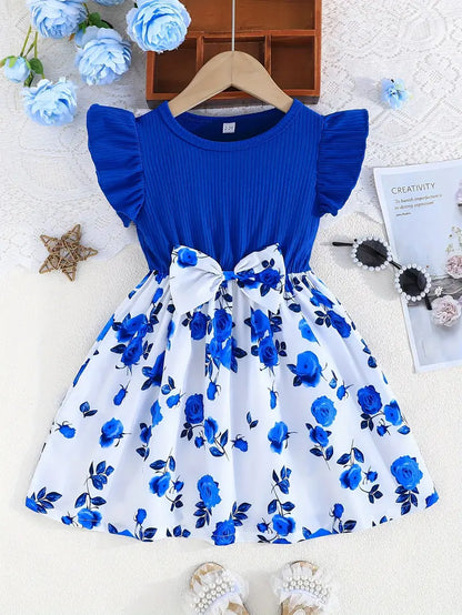 Robe fille été bleu et blanc à volants – Imprimé papillons et fleurs avec nœud