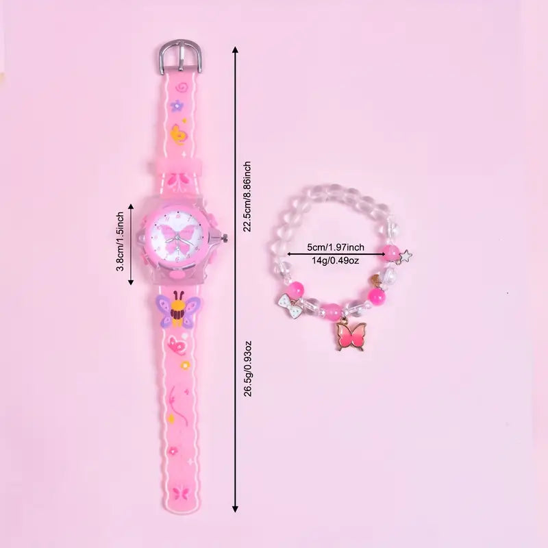 Montre Enfant Fille Rose Papillon – Bracelet Fantaisie avec Breloques, Apprentissage de l’Heure