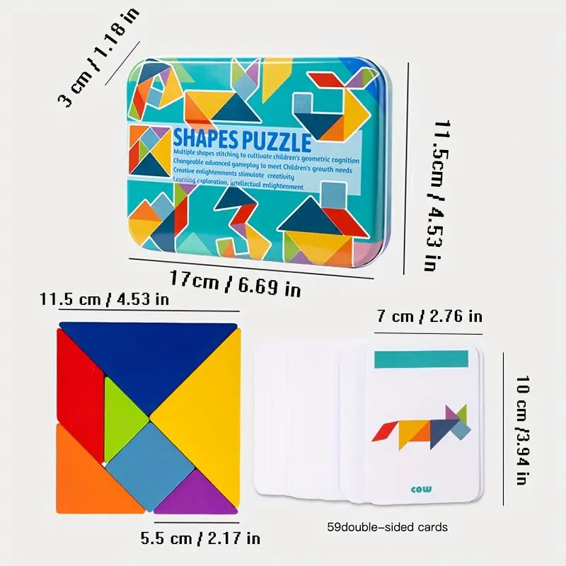 Jeu de Tangram en Bois avec Cartes Défi – Puzzle Éducatif Géométrique pour Enfants et Adultes