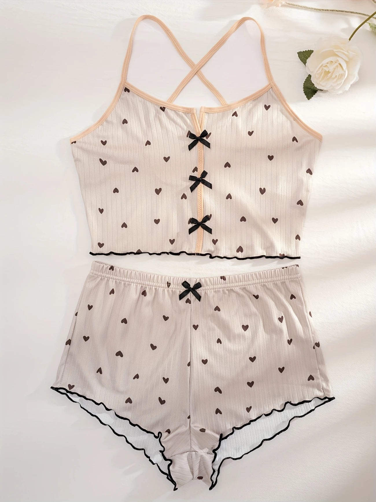 Pyjama Femme Été Côtelé Rose – Ensemble 2 Pièces Débardeur & Short à Cœurs