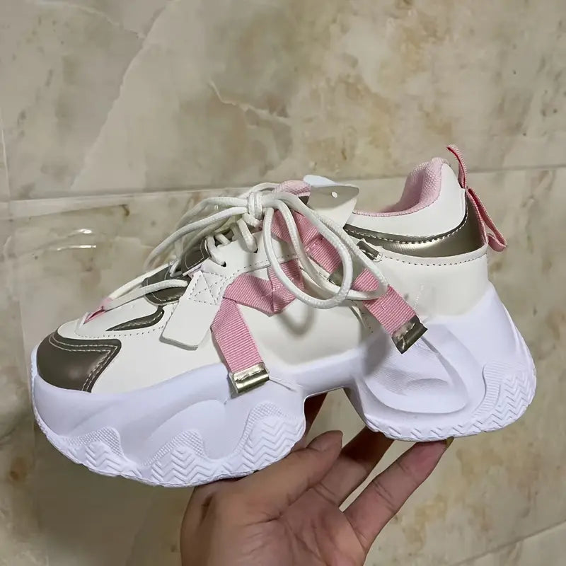 Chaussures de sport fille – Baskets chunky beige et rose avec semelle épaisse tendance et confort