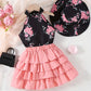 Ensemble fille été 2 pièces – Haut fleuri noir et jupe jaune à volants, coloris Rose
