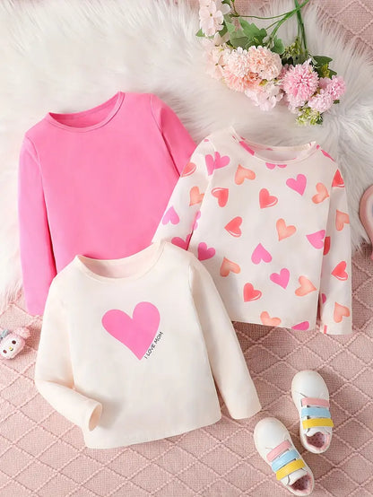 Lot de 3 hauts bébé fille manches longues – motifs cœurs et unis pour toutes saisons