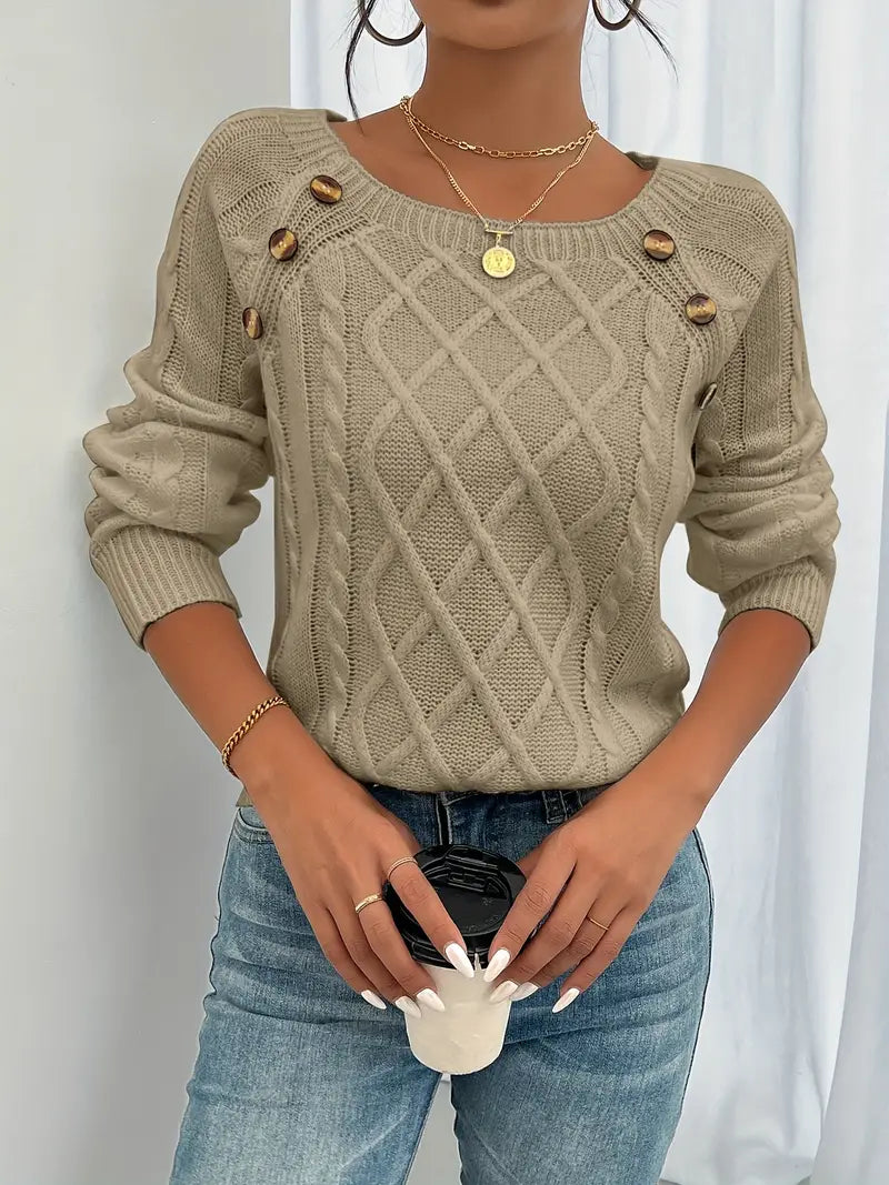 Pull Femme Hiver Maille Torsadée avec Boutons Décoratifs – Col Rond et Coupe Confortable