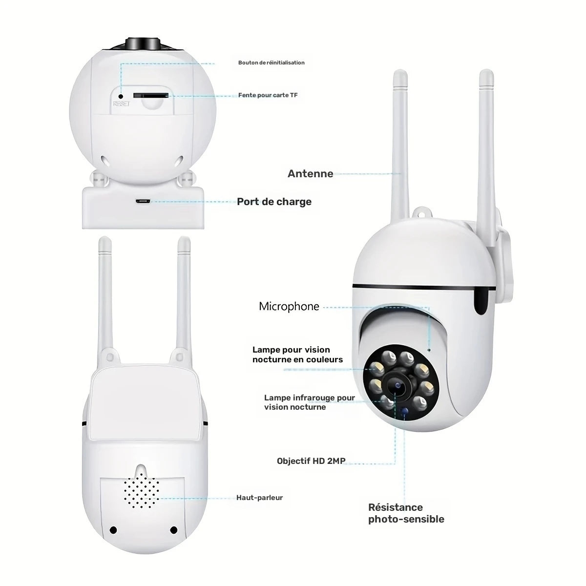 Caméra de surveillance Wi-Fi extérieure HD 2MP – Vision nocturne couleur et infrarouge, détection de mouvement, audio bidirectionnel