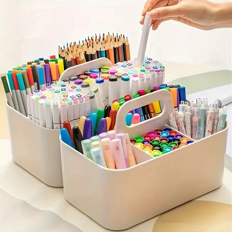 Boîte de Rangement à Compartiments avec Poignée – Organiseur Stylos, Crayons et Fournitures de Bureau