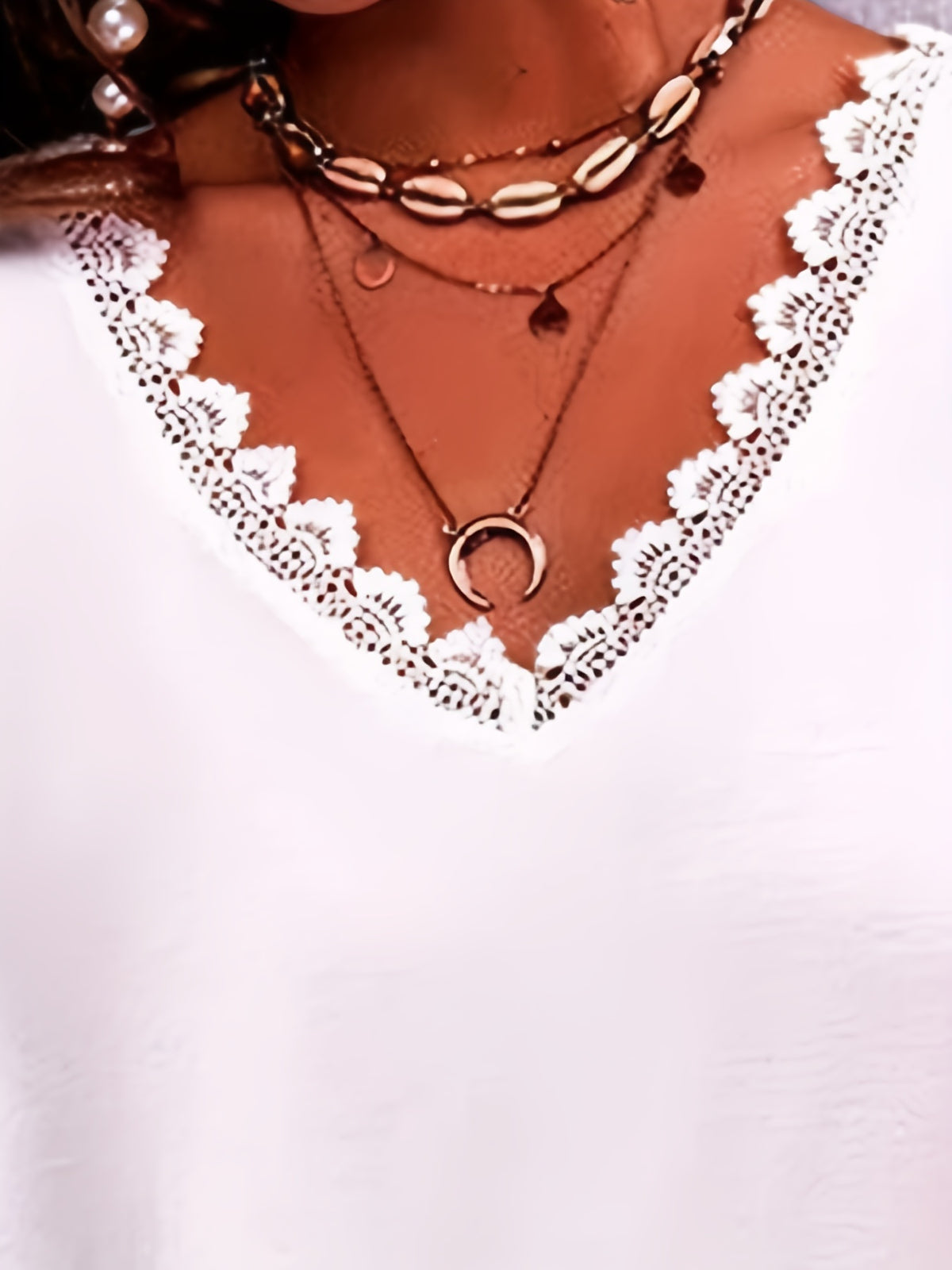 T-shirt Élégant Plus Size Col V en Dentelle Contrastée