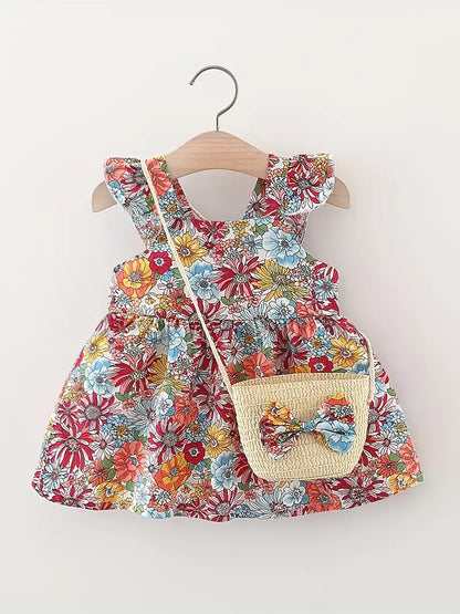 Robe Bébé Fille Fleurie avec Sac Assorti – Tenue Été Chic et Adorable