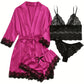Ensemble lingerie 4 pièces satin et dentelle – Bralette, shorty, string et kimono léger pour femme