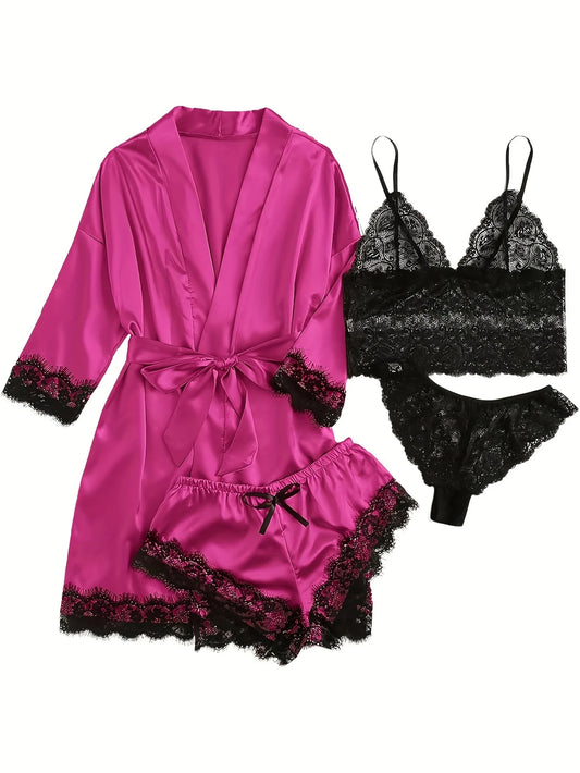 Ensemble lingerie 4 pièces satin et dentelle – Bralette, shorty, string et kimono léger pour femme