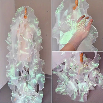 Tissu Organza Irisé Plissé – Voilage Transparent avec Volants Ondulés pour Mode et Décoration