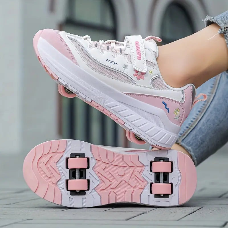 Chaussures de sport fille – Baskets à roulettes violettes et blanches avec motifs fleuris tendance