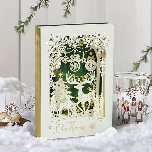 Carte de Noël Pop-Up 3D Luxe – Village Enneigé et Traîneau du Père Noël – Merry Christmas Élégant