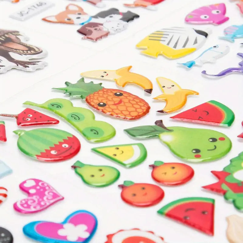 Planchettes d’Autocollants 3D Mignons – Stickers Enfants Thèmes Animaux, Fruits, Véhicules et Cœurs