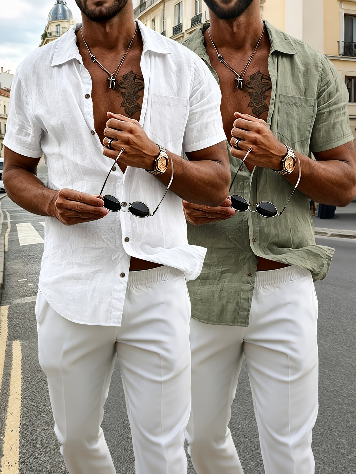 Lot de 2 chemises Henley à manches courtes en lin pour homme