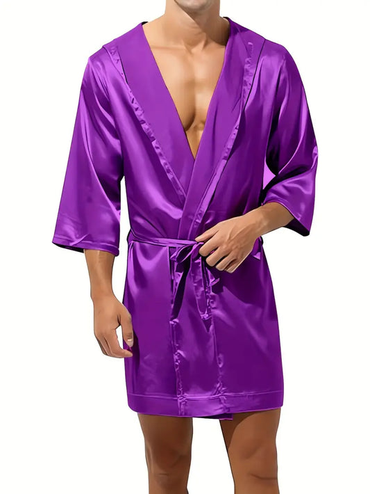 Peignoir sexy homme en satin – Kimono court brillant avec ceinture, Élégance & séduction