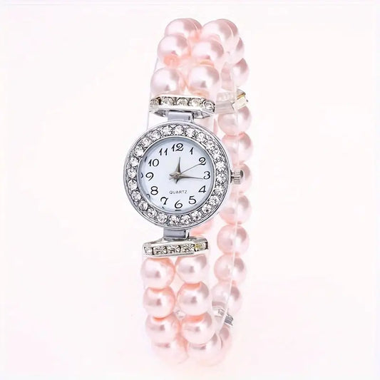 Montre femme élégante à bracelet perles rouges – Quartz avec strass brillants