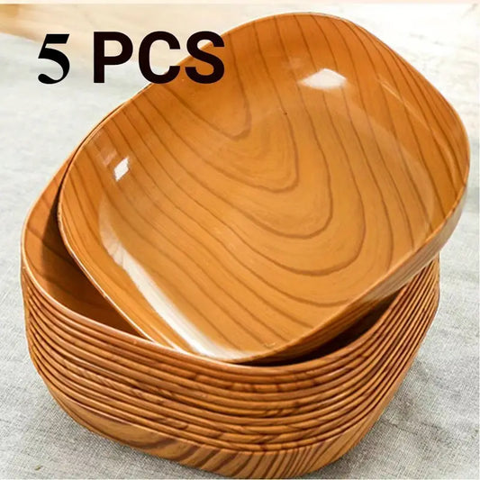 Lot de 5 Bols Carrés Imitation Bois – Design Naturel et Résistant pour Cuisine ou Pique-Nique