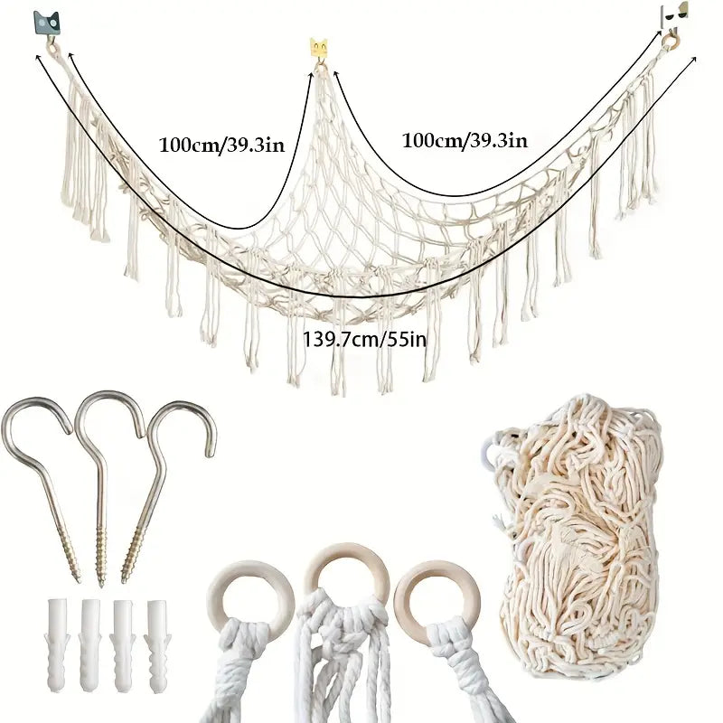 Filet de Rangement Suspendu en Macramé – Hammac de Rangement pour Peluches, Jouets et Accessoires Bébé