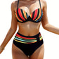 Bas de bikini taille haute gainant – Rayures multicolores et ceinture effet ventre plat pour silhouette affinée