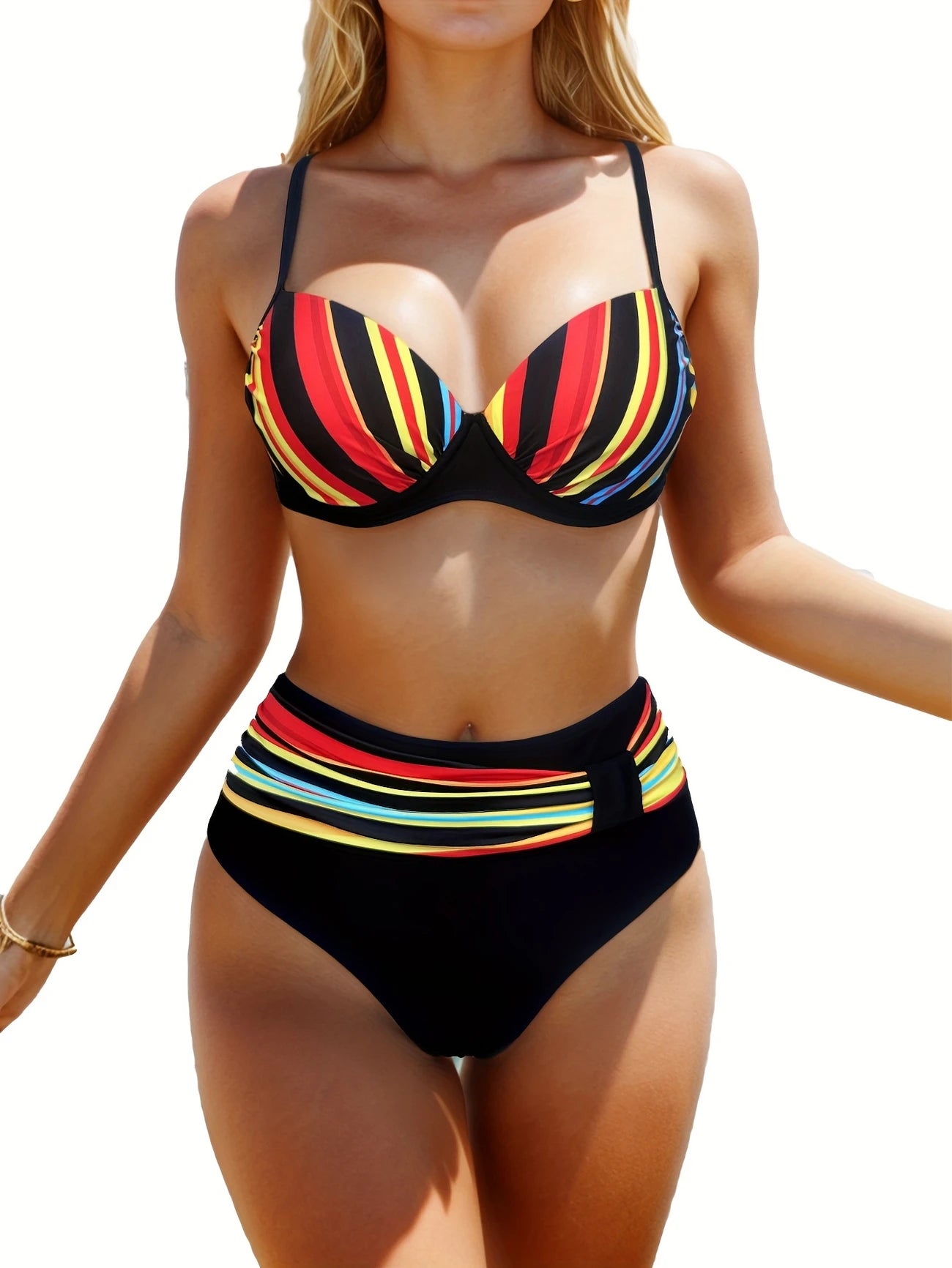 Bas de bikini taille haute gainant – Rayures multicolores et ceinture effet ventre plat pour silhouette affinée