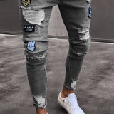 Jean en denim extensible slim fit style hip-hop, coloris Gris