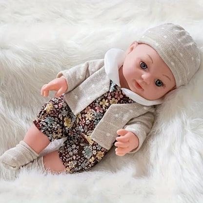 Poupée bébé réaliste 30 cm avec vêtements fleuris et bonnet rose/marron – Idéal jeu d’imitation et cadeau enfant