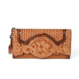 Portefeuille femme en cuir gravé – Design floral élégant et chic intemporel, coloris Brun