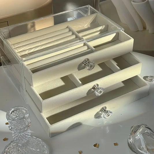 Boîte à bijoux en verre et velours à 3 tiroirs – Organisateur élégant pour bagues, colliers, boucles d’oreilles et bracelets