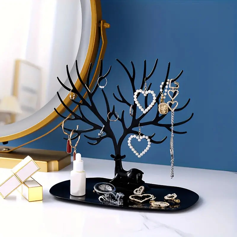 Présentoir à bijoux en forme d’arbre avec cerf – Porte-bijoux décoratif pour colliers, bagues et bracelets