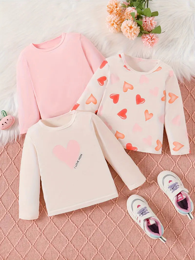 T-shirt Fille Manches Longues Motif Cœur – Hauts Enfant Coton Confortables et Tendance
