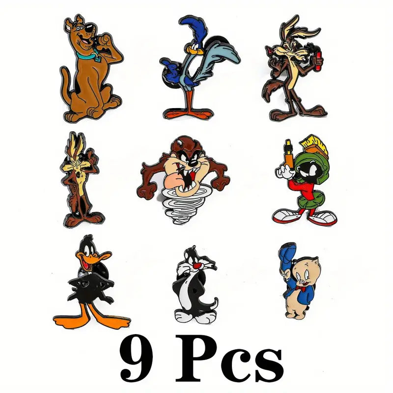 Lot de 9 Broches Enfant Dessins Animés – Boutons Fantaisie Looney Tunes et Scooby-Doo
