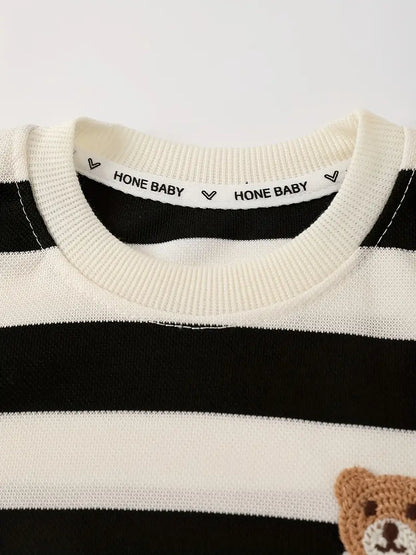 Ensemble chemise garçon rayé noir et blanc avec ourson brodé – t-shirt manches courtes et short été