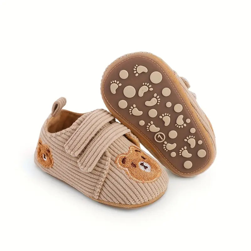 Chaussures bébé garçon en velours côtelé – Chaussons antidérapants avec motif ourson mignon
