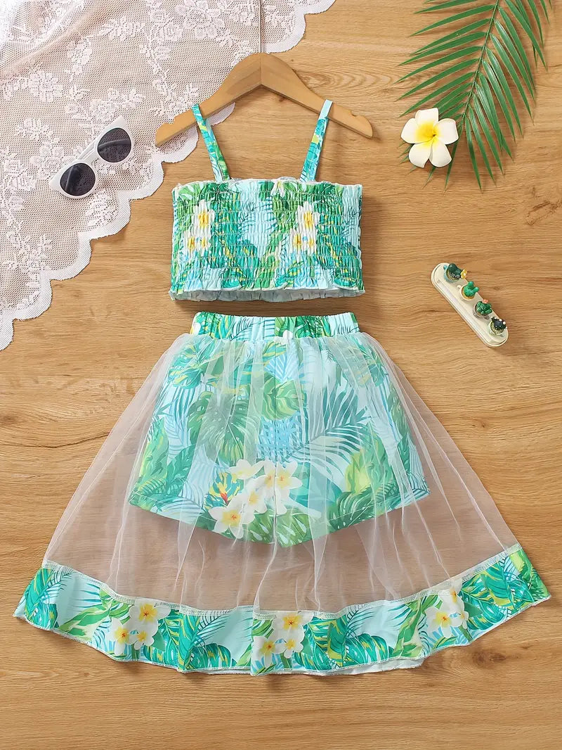 Hauts fille été à bretelles avec jupe tutu fleurie – Ensemble tropical léger et tendance