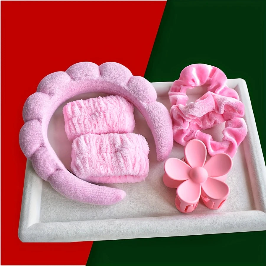 Kit Accessoires Beauté Cheveux et Visage – Bandeau Maquillage, Chouchous, Poignets Anti-Gouttes & Pince Fleur