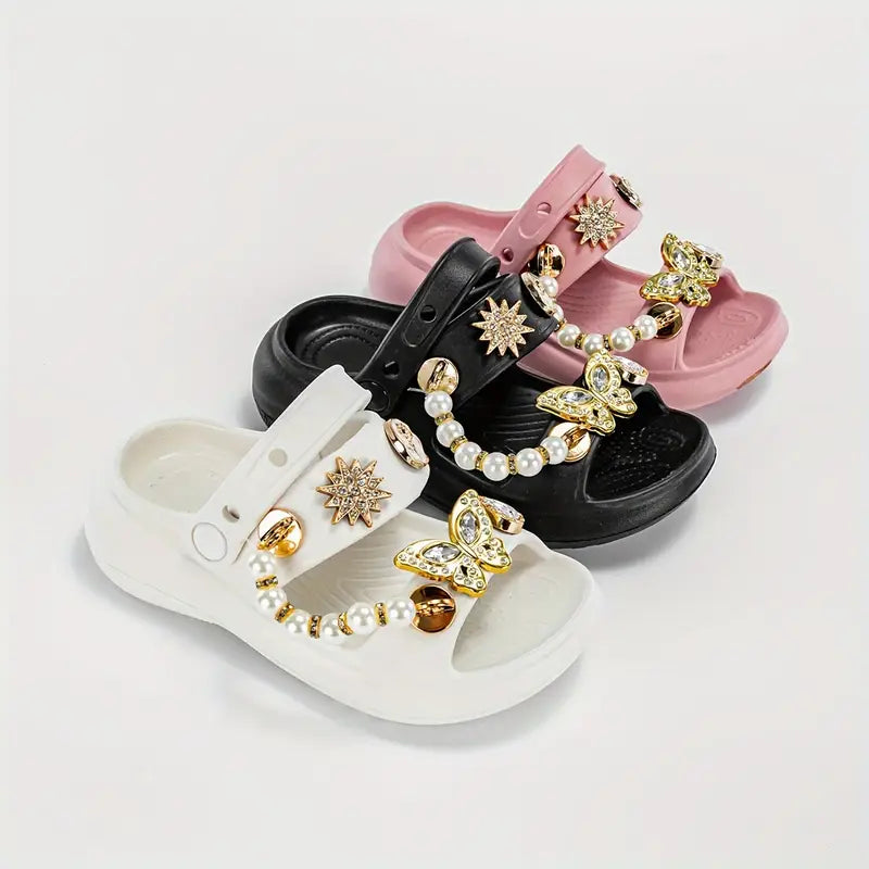 Sandales fille perles et papillon doré – Chaussures d’été élégantes et confortables