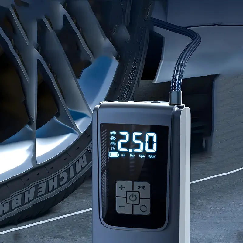 Gonfleur Électrique Portable avec Écran LED – Compresseur d’Air Rechargeable pour Pneus Moto, Voiture et Vélo