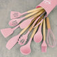 Kit Ustensiles de Cuisine 12 Pièces en Silicone et Bois, coloris Rose