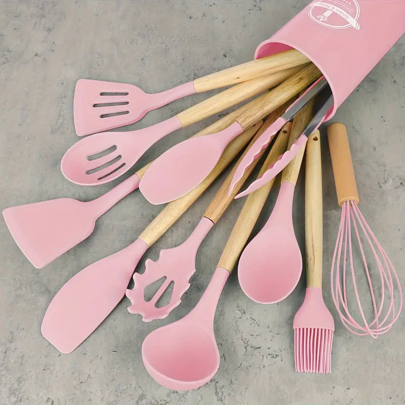 Kit Ustensiles de Cuisine 12 Pièces en Silicone et Bois – Résistants à la Chaleur, Antirayures et Faciles à Nettoyer