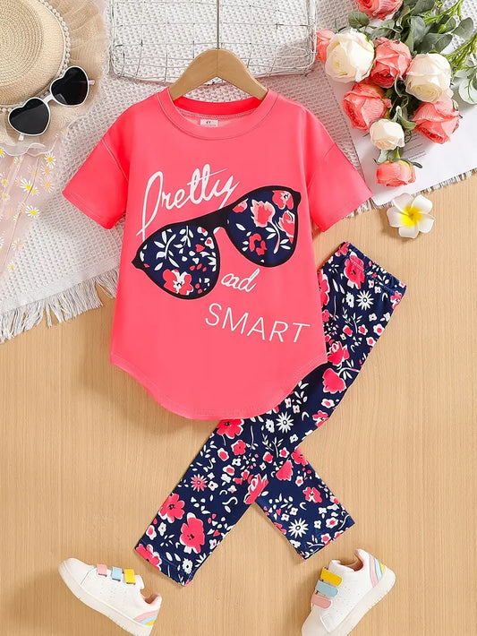 Ensemble fille été 2 pièces – T-shirt rose imprimé lunettes et legging fleuri